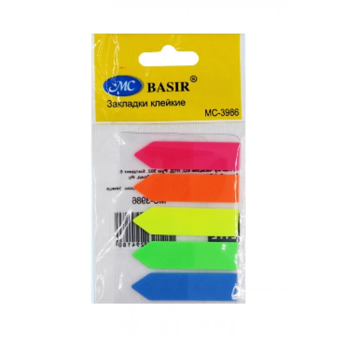 Basir МС-3986 Набор клейких закладок-стрелочка: пластиковые, 5 цветов по 20 лист. 1,0*4,5 см.