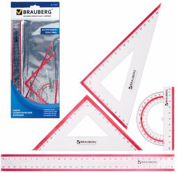 Набор чертежный большой BRAUBERG «Crystal» (линейка 30 см, 2 угольника, транспортир), выделенная шкала, 210297 1 шт.