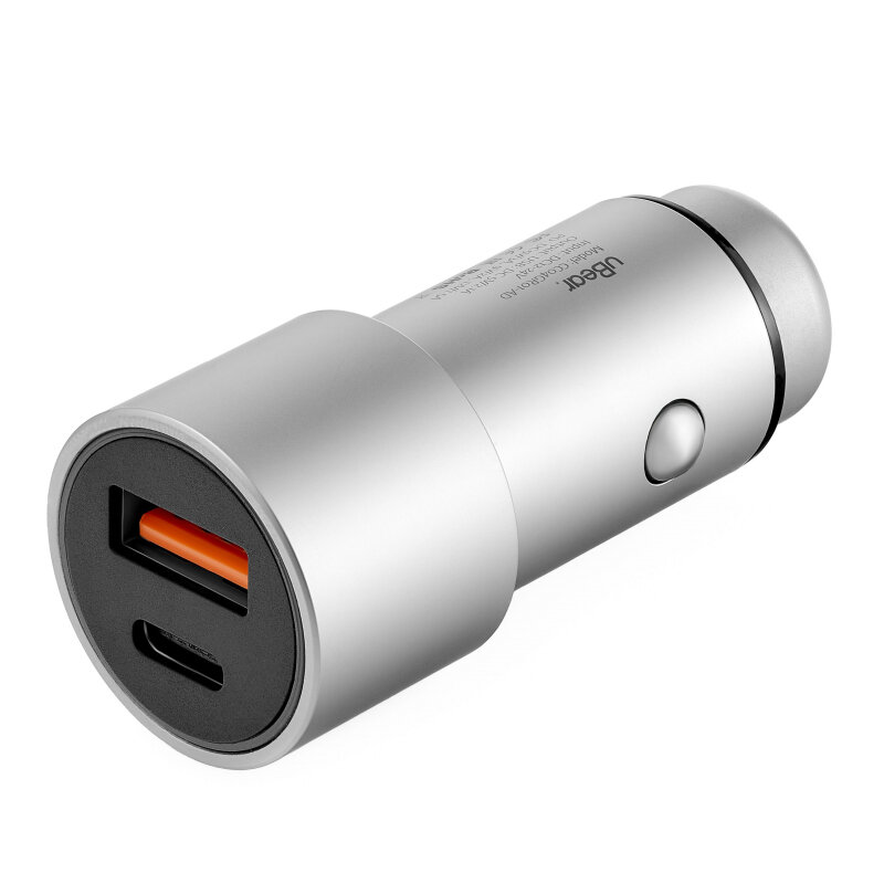 Автомобильное зарядное устройство UBEAR USB-C (PD) и USB A (QC 3.0), цвет: серый