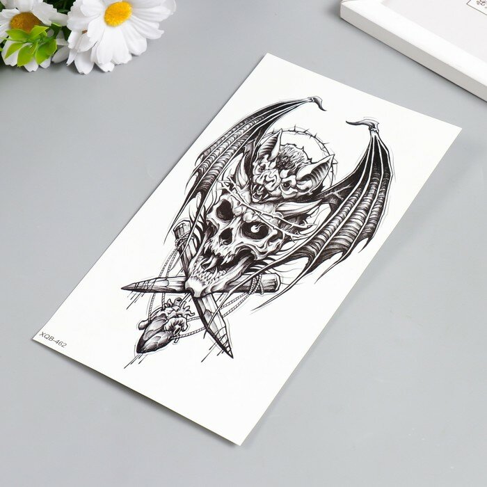 Татуировка на тело чёрная "Череп с летучьей мышью" 21х11,5 см - фотография № 2
