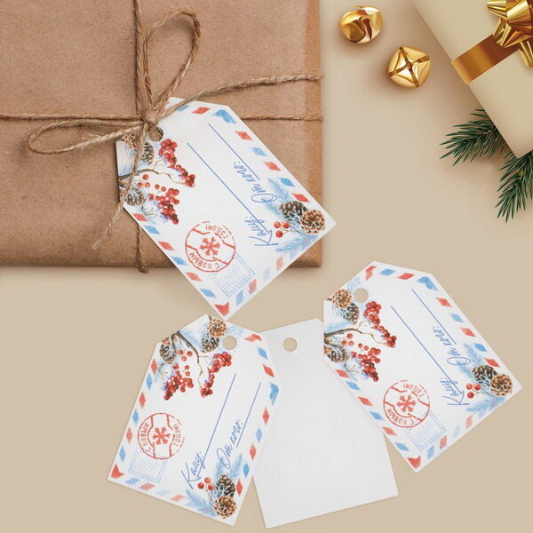 Открытка-шильдик на подарок "Новогодняя почта" акварельный картон 5 x 7 см 5 шт.