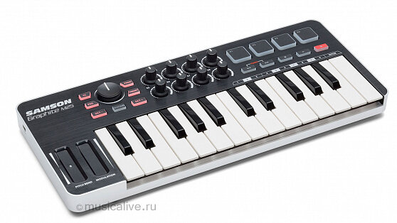 Graphite M25 Mini USB/MIDI клавиатура, 25 чувствит-х к скорости нажатия клавиш, 4 триггерных пэда, назначаемые энкодеры и кнопки. Совместим с iPad/PC/Mac. вес 0,65 кг. SAMSON