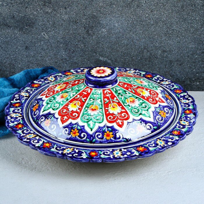 Блинница Риштанская Керамика "Цветы", 37 см, синий 2656006. В наборе 1шт.