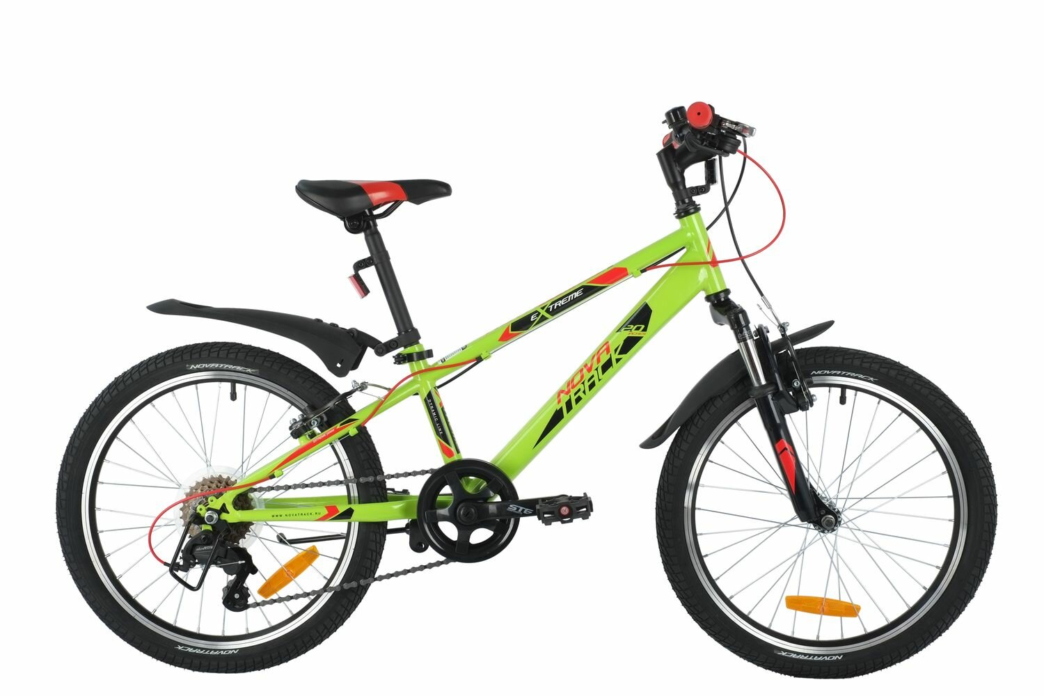 Велосипед NOVATRACK EXTREME 20" (2021) (Велосипед NOVATRACK 20" EXTREME зеленый, сталь, 6 скор., Shimano TY21/Microshift TS38, V- brake тор)