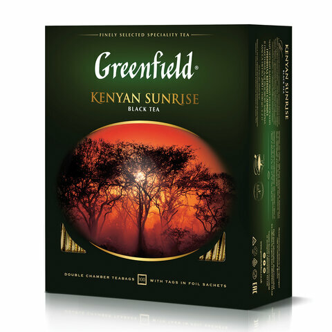 Чай GREENFIELD (Гринфилд) "Kenyan Sunrise" ("Рассвет в Кении"), комплект 30 шт., черный, 100 пакетиков в конвертах по 2 г, 0600-09 - фотография № 1
