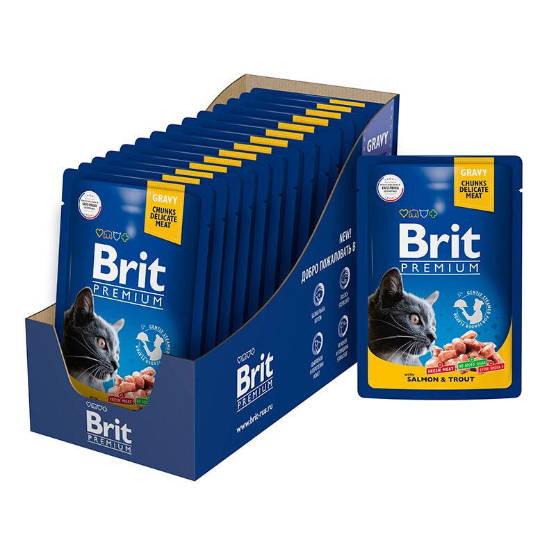 Влажный корм пауч Brit Premium для взрослых кошек лосось и форель в соусеупаковка 14* 85 г