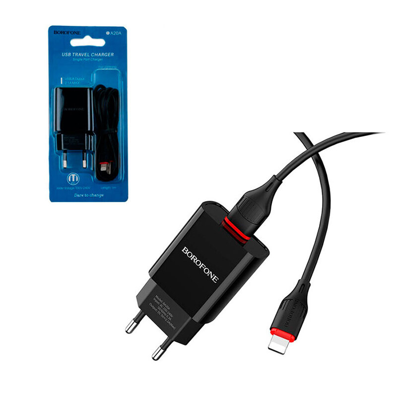 Сетевое зарядное устройство Borofone BA20A (2.1A) + кабель Lightning (черное)