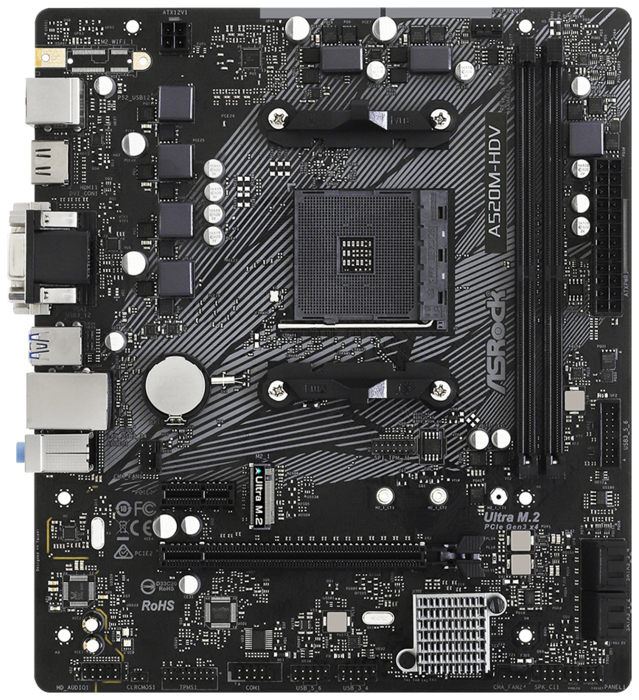 ASRock Материнская плата SocketAM4 ASRock A520M-HDV (AMD A520, 2xDDR4, M.2, SATA III, RAID, PCI-E, D-Sub, DVI, HDMI, 1Гбит LAN, USB3.2, mATX) (ret)