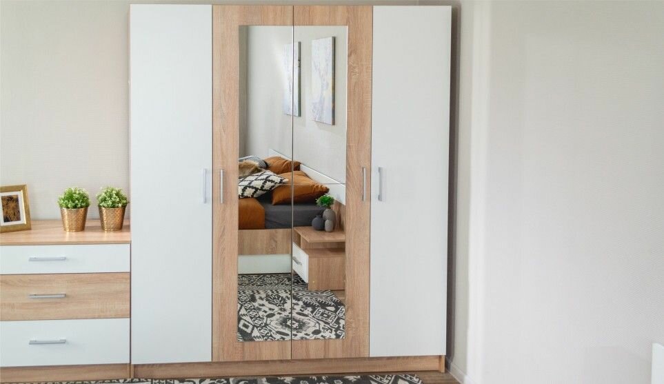 Спальный гарнитур Алена Дуб сонома белый кровать 160х200 см, шкаф 4 дверный с зеркалом, комод, тумбы прикроватные - фотография № 11