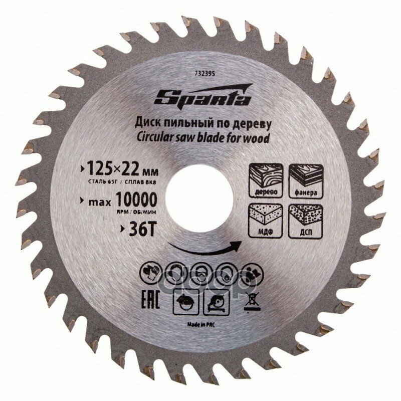 Пильный Диск По Дереву, 125 X 22 Мм, 36 Зубьев Sparta 732395 Sparta арт. 732395