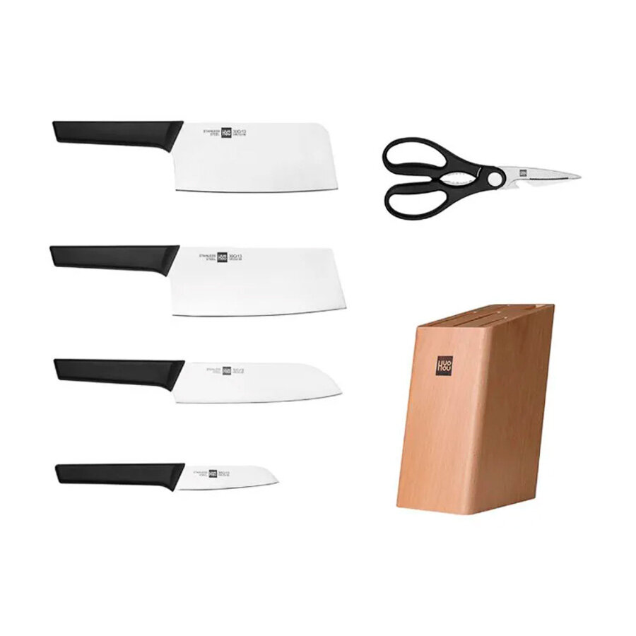 Набор стальных ножей HuoHou 6-Piece Kitchen Knife Set Lite (HU0058) (4 ножа + ножницы + подставка из сосны) (Black) RU