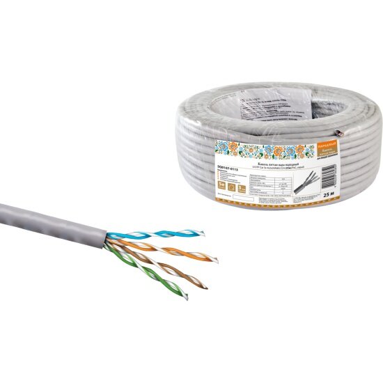 Кабель TDM ELECTRIC витая пара народный U/UTP Cat 5e 4х2х24AWG CCA (25м) PVC серый SQ0107-0113