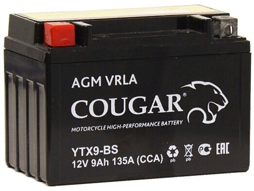 Аккумулятор для мотоцикла и скутера Cougar AGM VRLA 12V 9 А/ч 135 А прям. пол. залит/заряжен YTX9-BS (150х87х105)