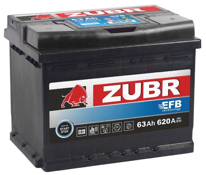 Аккумулятор автомобильный ZUBR EFB 63 Ah 620 A обратная полярность 242x175x190