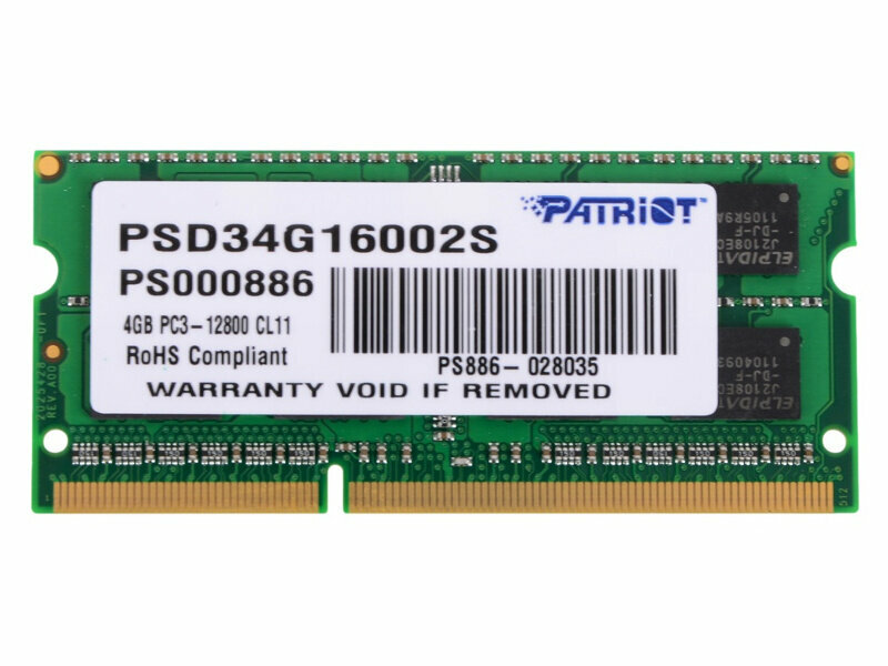 Оперативная память Patriot Memory SL 4 ГБ DDR3 1600 МГц SODIMM CL11 PSD34G16002S