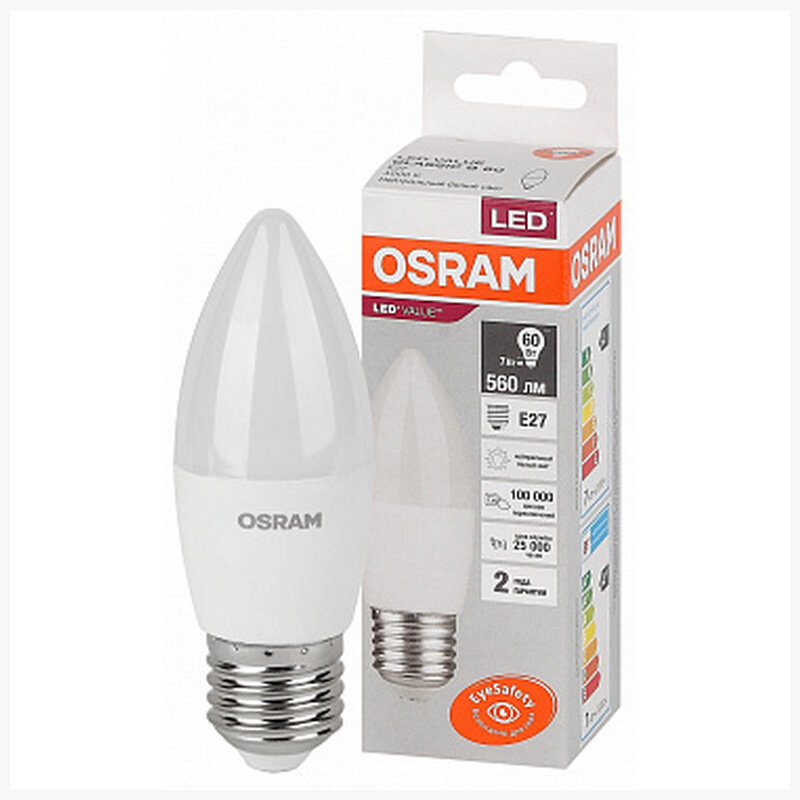 Лампа Osram LV CL B60 7SW 840 220 240V FR E27 560lm 200* 25000h свеча LED, 4058075579477