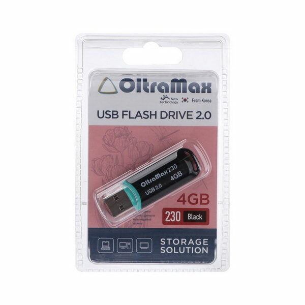 Флешка 230, 4 Гб, USB2.0, чт до 15 Мб/с, зап до 8 Мб/с, чёрная