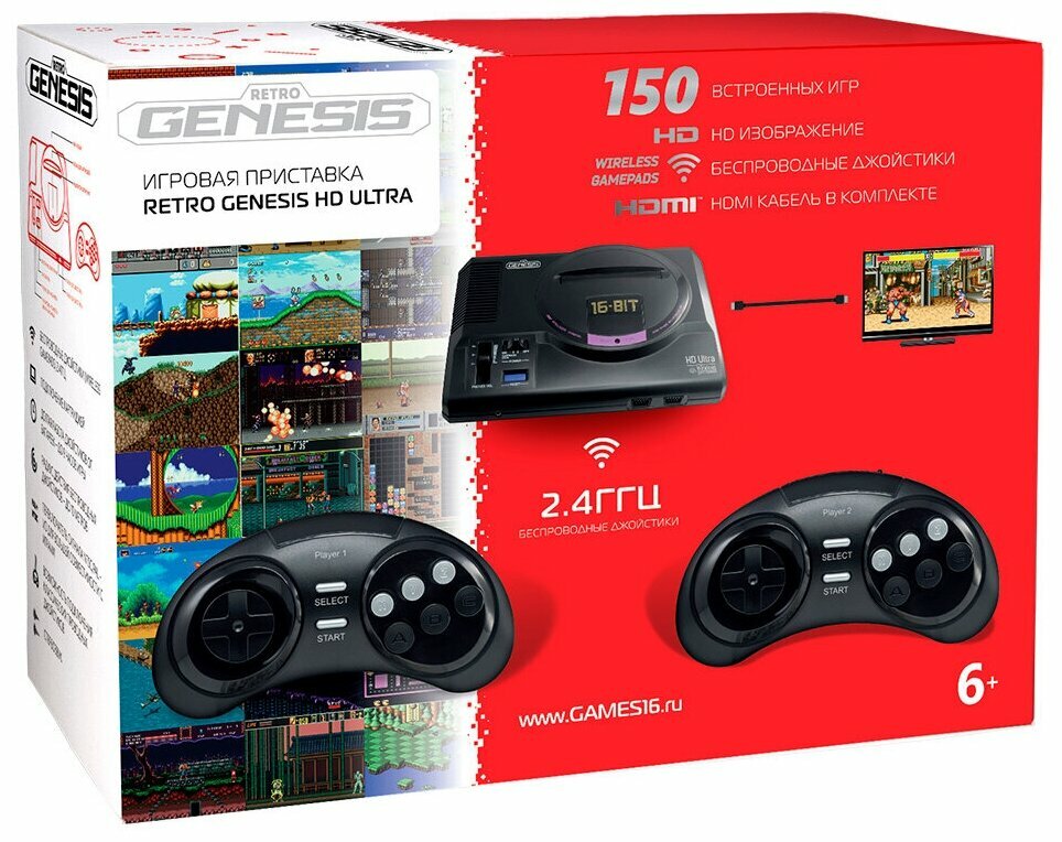 Retro Genesis Игровая приставка Retro Genesis SEGA Retro Genesis HD Ultra ConSkDn70 (Sega) + 150 игр + 2 беспроводных джойстика 2.4ГГц