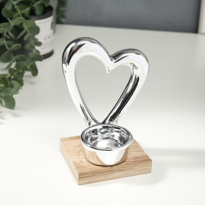 Сувенир керамика, дерево подсвечник "Серебряное сердце" 13,5х8х9,4 см - фотография № 1