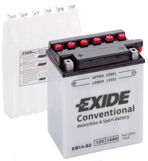 Аккумулятор для мотоцикла и скутера Exide Conventional 14 А/ч 145 А прям. пол. с/зар. с эл. EB14-B2 (135х90х165) YB14-B2