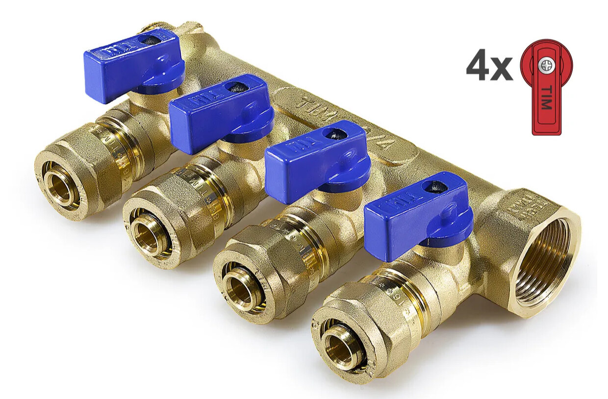 фото TIM Коллектор с шаровыми кранами (с цангами) 3/4" х 16 ц- 6 вых. красн ручки 200-3/4(6)R