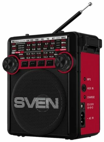 Радиоприемник Sven SRP-355 SV-017132 красная, 3Вт, USB, SD/microSD, FM/AM/SW, фонарь, встроенный аккумулятор