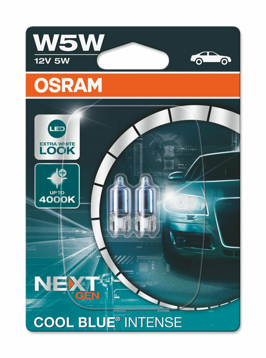 Osram Лампа галогенная Osram W5w 12v 5w W2.1x9.5d Cool Blue Intense Next Generation 4000к 2шт 2825CBN02B