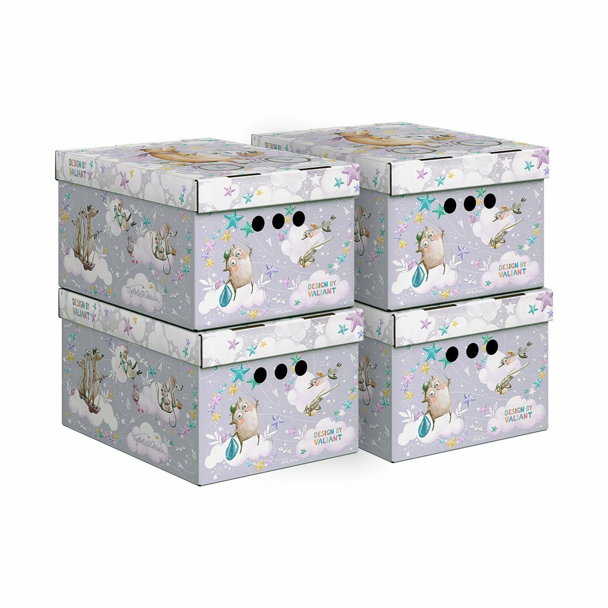 Коробка для хранения Valiant Путешастики, складная, 25 x 33 x 18,5 см, фиолетовая, набор 4 шт