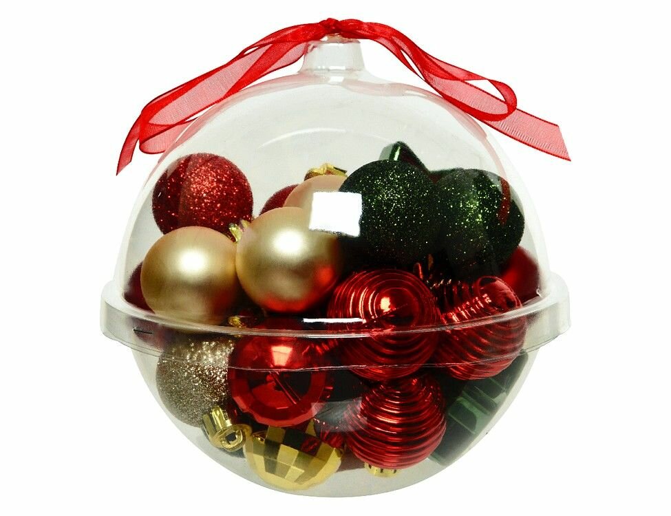 Набор пластиковых украшений для маленькой ёлки (подарочная упаковка), красный, сосновый зелёный, перламутровый и золотой, 3 см, 30 шт, Kaemingk (Decoris)