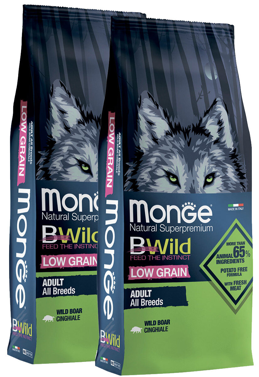 Сухой корм MONGE BWILD LOW GRAIN DOG ADULT ALL BREEDS WILD BOAR низкозерновой для взрослых собак всех пород с мясом дикого кабана (12 + 12 кг)