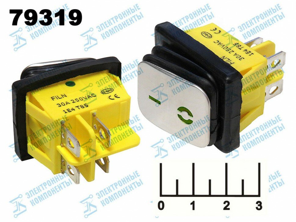 фото Выключатель 220/30 хром LED зеленый 4 контакта влагозащищенный (Filn)