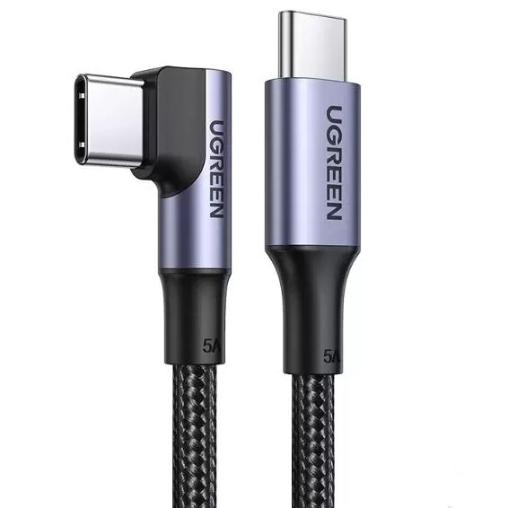 Кабель UGREEN US334 (70645) USB-C 2.0 Male To Angled 90° USB-C 2.0 Male 5A Data Cable (2 метра) чёрный