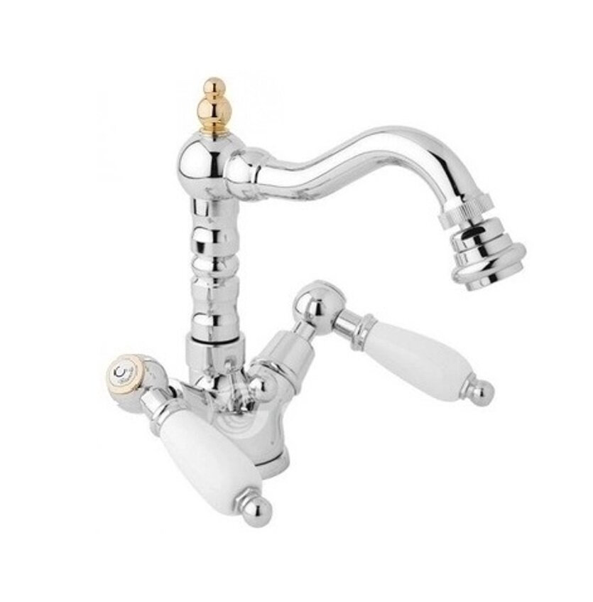 FIRST-BS2-04-Bi Смеситель на биде с донным клапаном, исполнение хром/золото, ручки белые