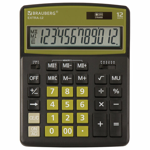 Калькулятор настольный BRAUBERG EXTRA-12-BKOL (206x155 мм), комплект 3 шт., 12 разрядов, двойное питание, черно-оливковый, 250471
