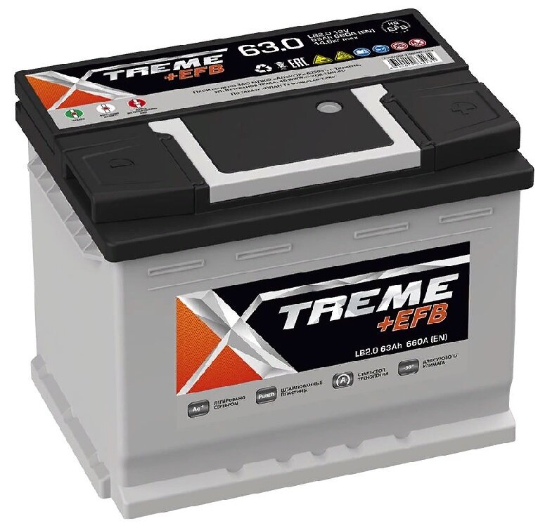 Аккумулятор автомобильный Xtreme EFB 63 А/ч 660 А обр. пол. низкий Евро авто (242x175x175)