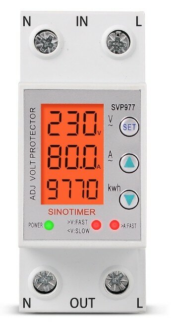 Реле контроля напряжения тока счетчик кВт Sinotimer SVP-977L 80A с подсветкой