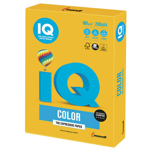 Бумага IQ color, А4, 160 г/м2, 250 л., интенсив солнечно-желтая