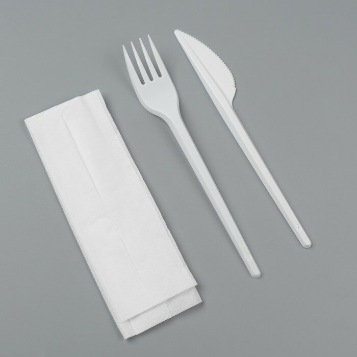 Набор одноразовой посуды «Белый» вилка, нож, салфетка, 16,5 см - фотография № 1