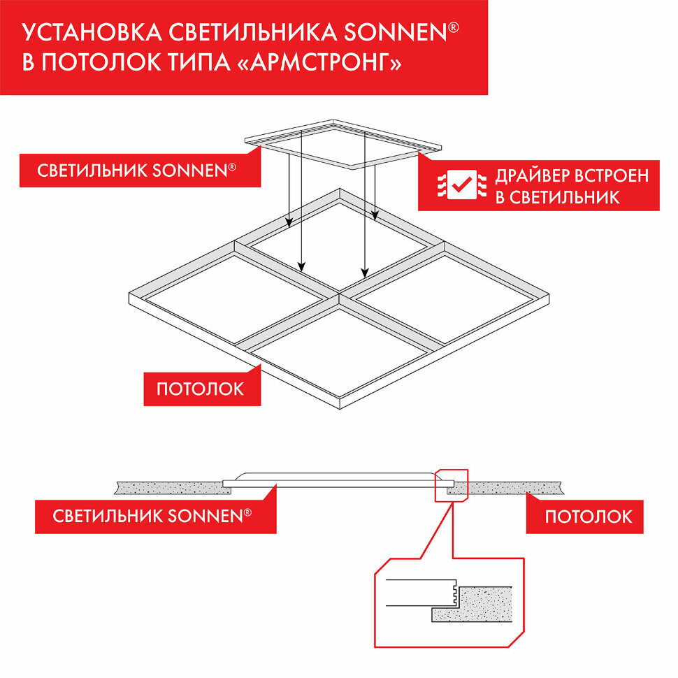 Светильник светодиодный с драйвером армстронг SONNEN стандарт 4000 K, нейтральный белый, 595х595х30 мм, 40 Вт, матовый, 237154, 237154 - фотография № 3