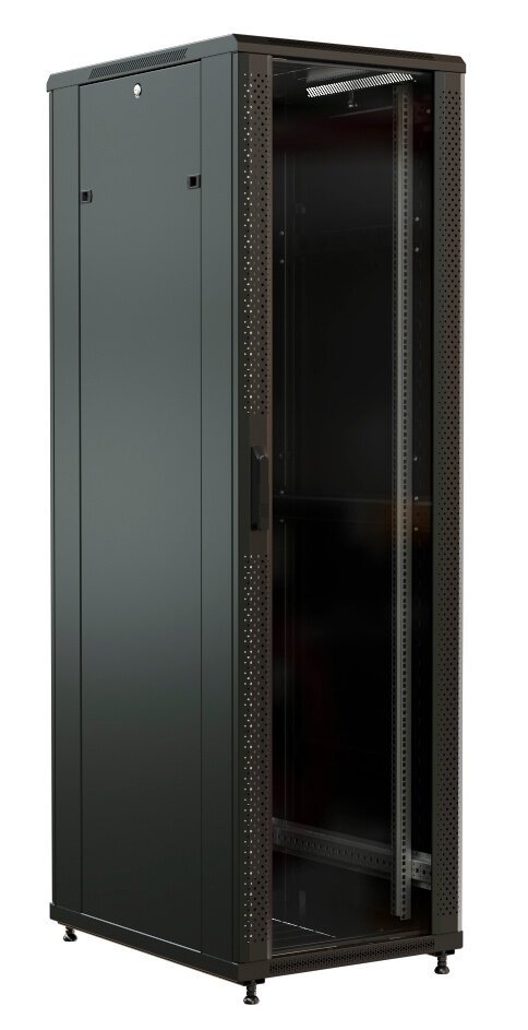 WRline Шкаф напольный 19-дюймовый 22U 1166x600x800 мм  передняя стеклянная дверь со стальными перфорированными боковинами задняя дверь сплошная цвет черный (RAL 9004) (разобранный)