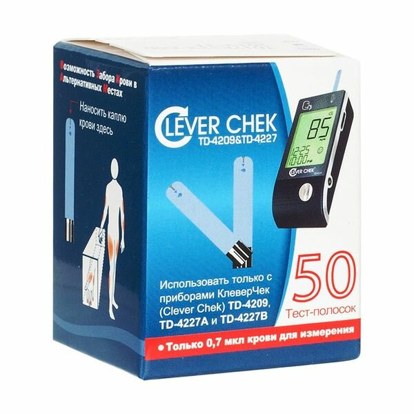 Тест-полоски CLEVER CHEK (Клевер чек) для глюкометра к приборам TD-4209, TD-4227A, TD-4227B 50 шт.