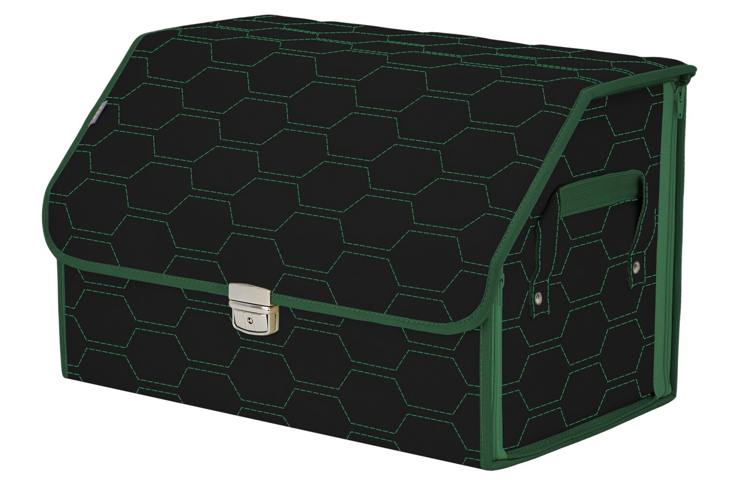Органайзер-саквояж в багажник "Союз Премиум" (размер L). Цвет: черный с зеленой прострочкой Соты.