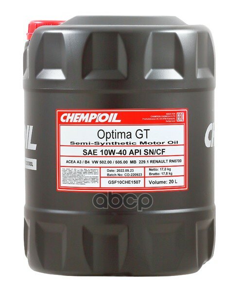 CHEMPIOIL 10W-40 Optima Gt Sn/Cf, A3/B4, 20Л (Полусинт. Мотор. Масло)