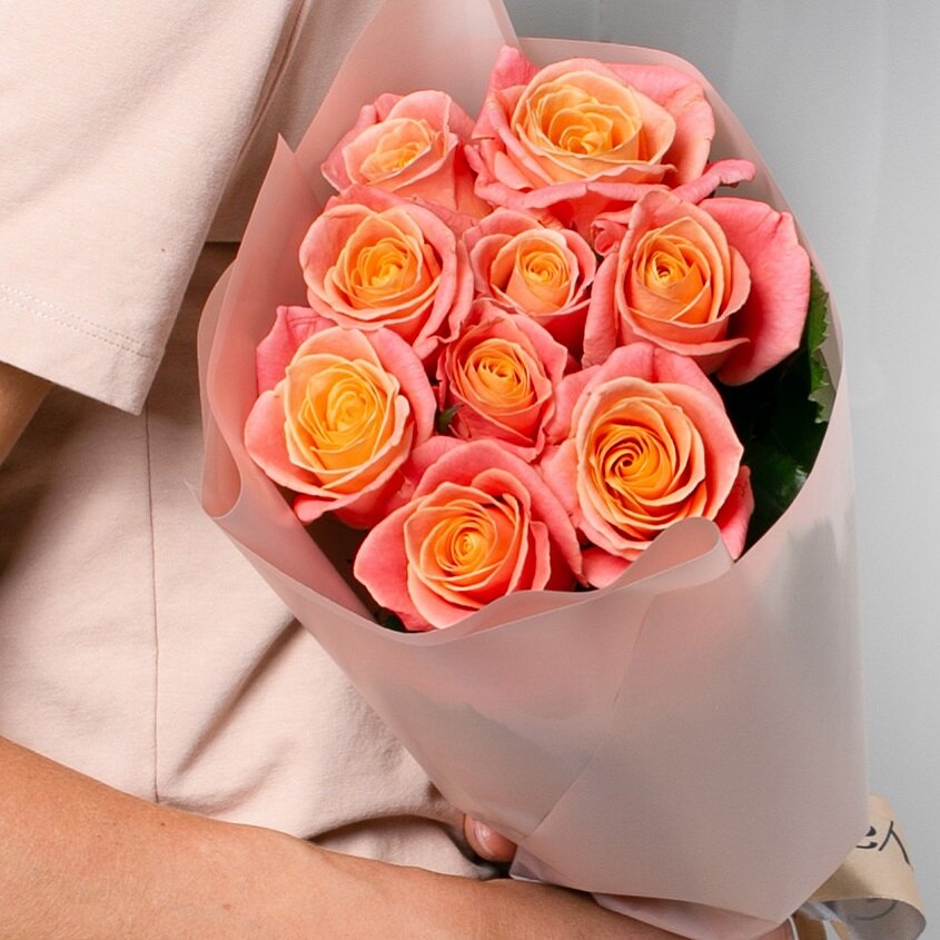Цветы живые букет из персиковых роз 9 шт. 40 см Лэтуаль Flowers