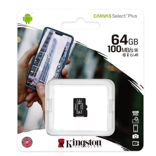 Карта памяти SDHC Kingston 64 Гб класс 10 UHS-I U1 V10 Canvas Select Plus 100Mbs