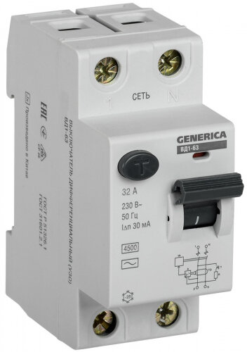 Выключатель дифференциального тока (УЗО) GENERICA 2п 32А 30мА тип AC ВД1-63, MDV15-2-032-030