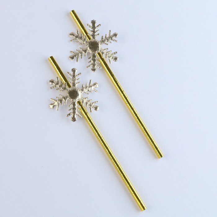 Страна Карнавалия Трубочки для коктейля «Снежинки», в наборе 2 штуки, золото - фотография № 1