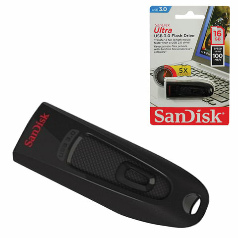 Флеш-диск 16 GB, комплект 2 шт., SANDISK Ultra, USB 3.0, черный, SDCZ48-016G-U46