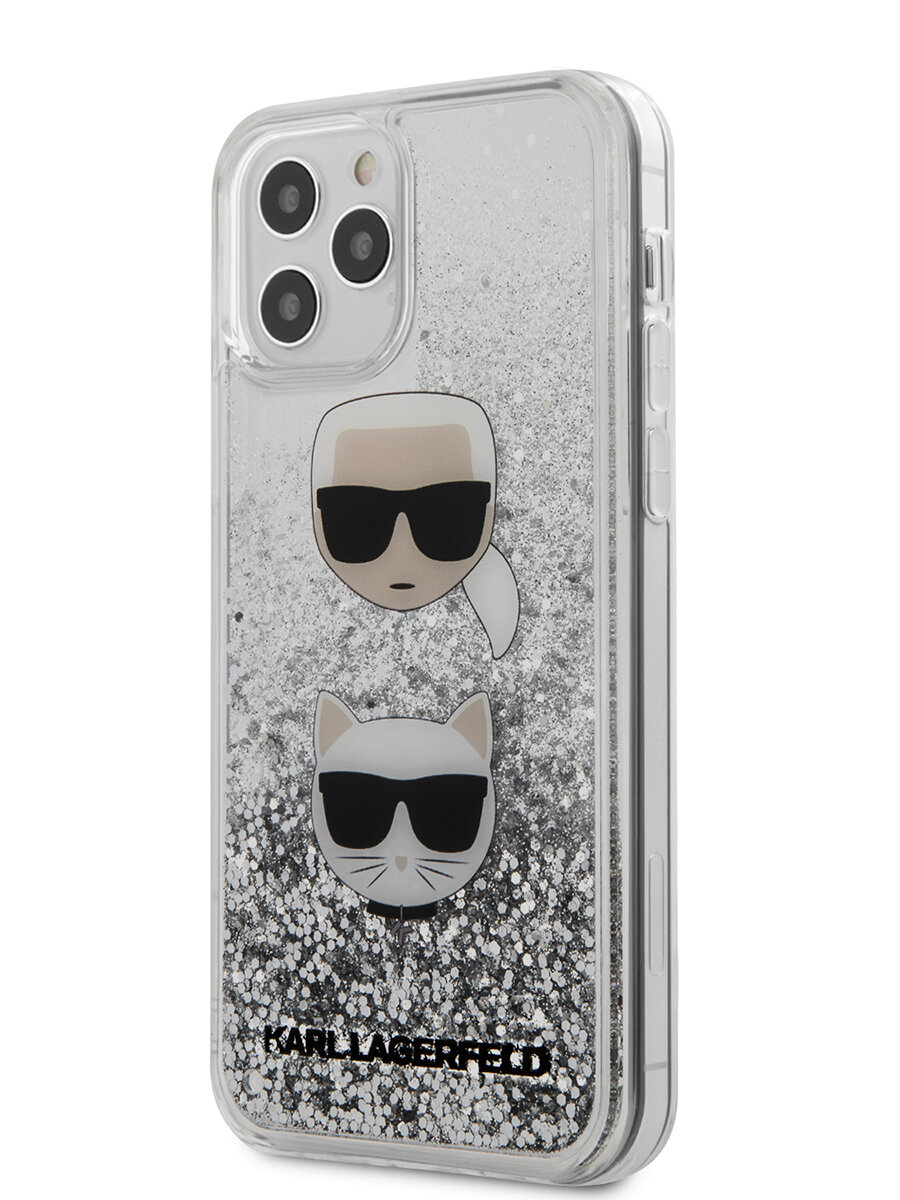 Lagerfeld для iPhone 12/12 Pro (6.1) чехол Liquid glitter Karl and Choupette heads Hard Silver, шт