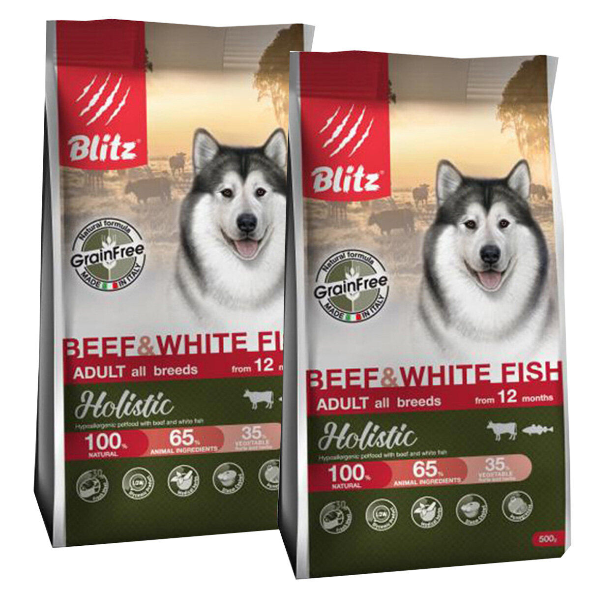 Сухой корм BLITZ HOLISTIC GRAIN FREE ADULT BEEF & WHITE FISH беззерновой для взрослых собак всех пород с говядиной и белой рыбой (0,5 + 0,5 кг)